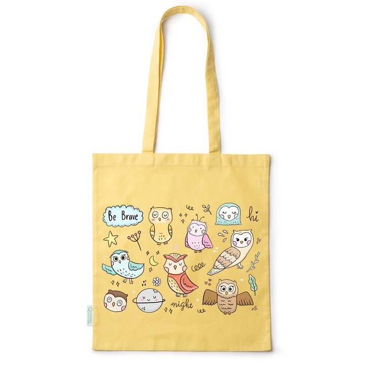 Go For It Shopper fazonú pamut táska mintával, Owls, 38×42cm, Sárga, Y-BDY160
