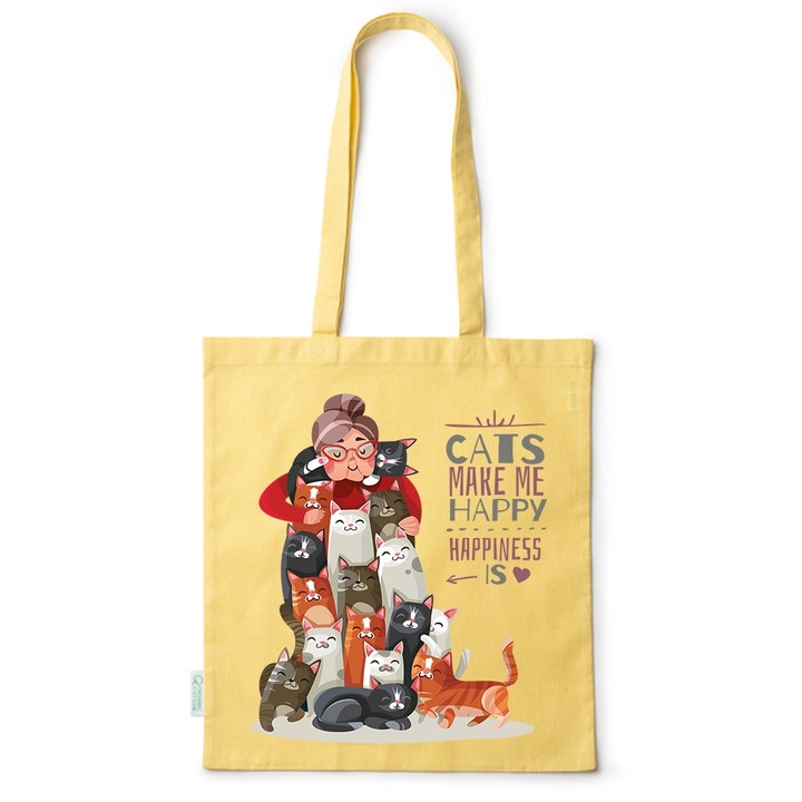 Go For It Shopper fazonú pamut táska mintával, Cats - Happines, 38×42cm, Sárga, Y-BDY199