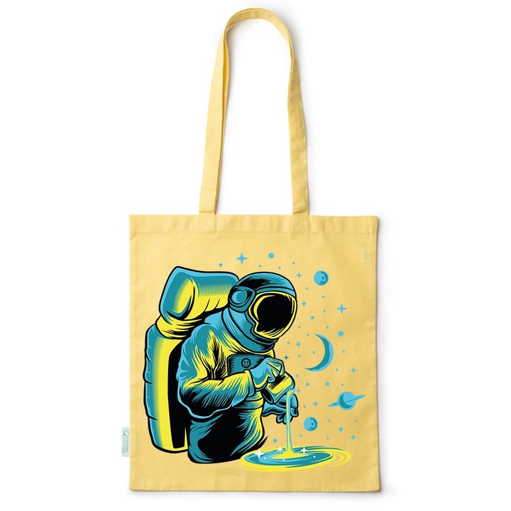Go For It Shopper fazonú pamut táska mintával, Astronaut - Cooking, 38×42cm, Sárga, Y-BDY209