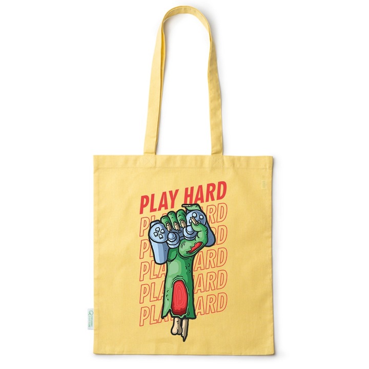 Go For It Shopper fazonú pamut táska mintával, Play Hard, 38×42cm, Sárga, Y-BDY218