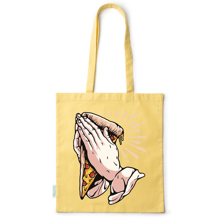 Intelli® Sacosa bumbac Eco-friendly pentru cumparaturi cu manere lungi, Praying - Pizza, 38×42cm, Galben, Y-BDY221