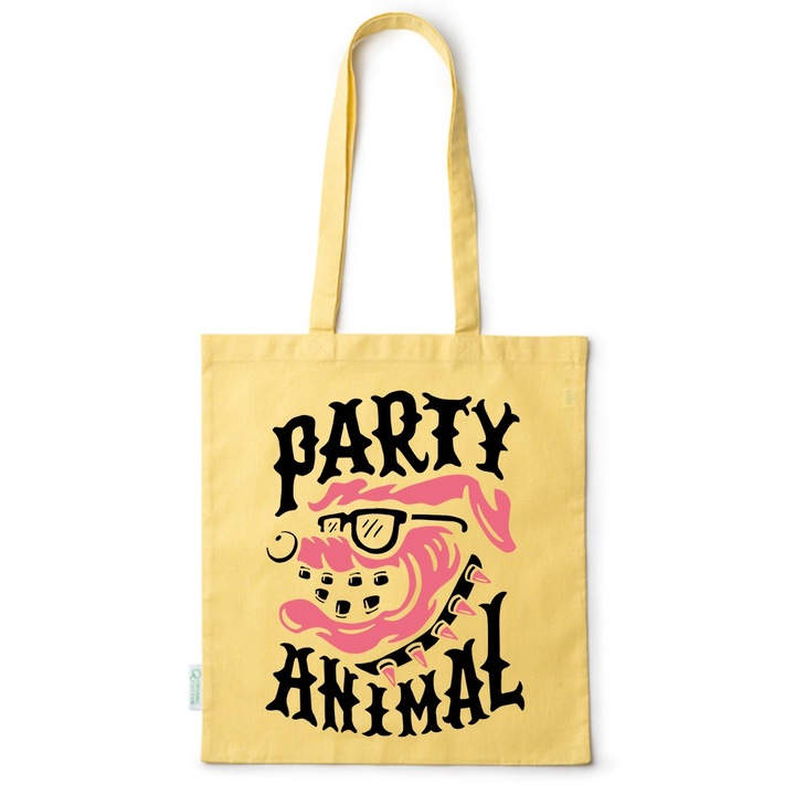 Go For It Shopper fazonú pamut táska mintával, Party Animal, 38×42cm, Sárga, Y-BDY230