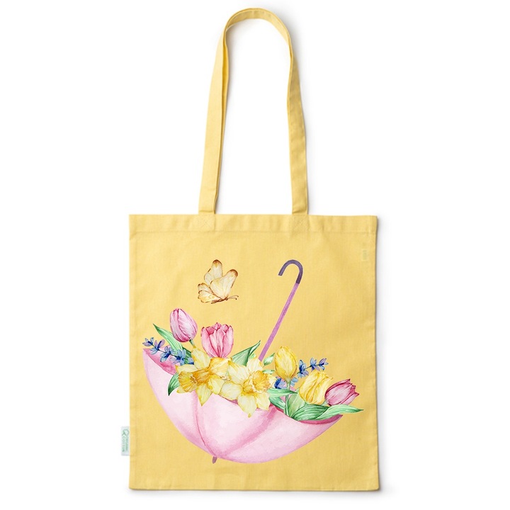 Intelli® Екологична памучна пазарска чанта Sacosa с дълги дръжки, Цветя - Чадър, 38×42см, Жълт, Y-BDY137