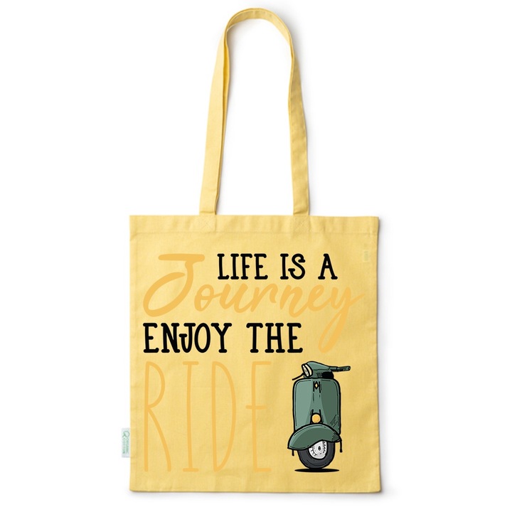 Go For It Shopper fazonú pamut táska mintával, Life is a Journey, 38×42cm, Sárga, Y-BDY244