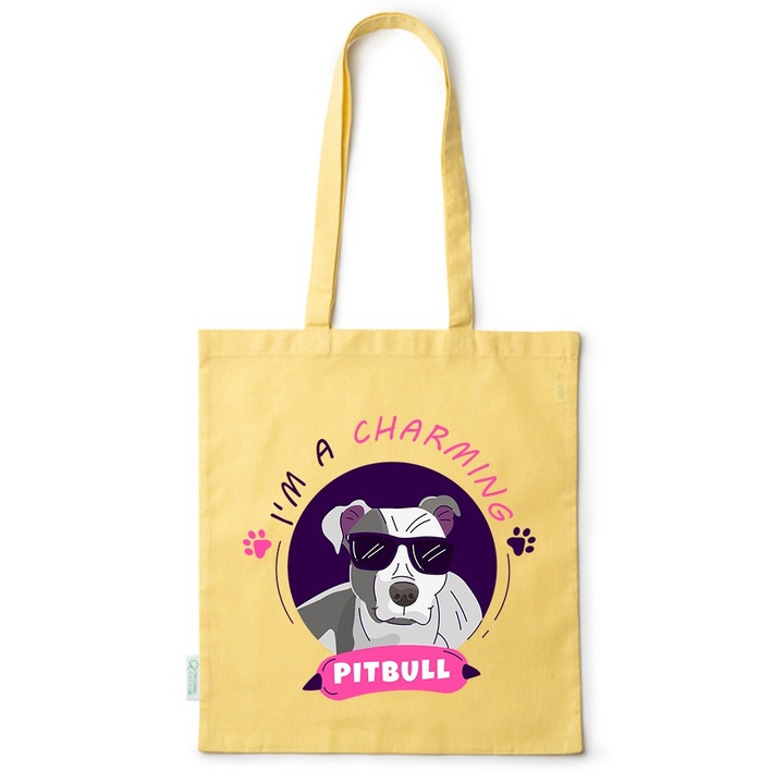Go For It Shopper fazonú pamut táska mintával, Pitbull, 38×42cm, Sárga, Y-BDY74