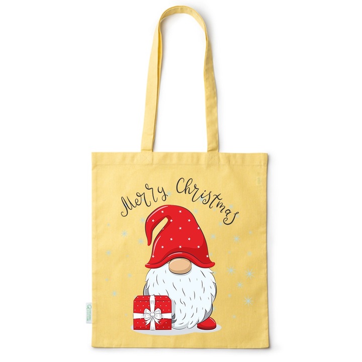 Go For It Shopper fazonú pamut táska mintával, Christmas Dwarf, 38×42cm, Sárga, Y-BDY263