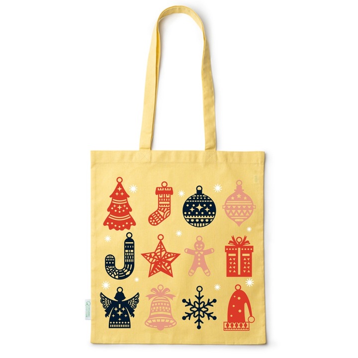 Go For It Shopper fazonú pamut táska mintával, Winter Ornaments, 38×42cm, Sárga, Y-BDY256