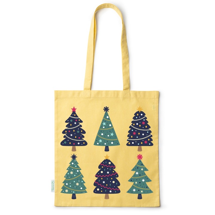 Go For It Shopper fazonú pamut táska mintával, Christmas Trees, 38×42cm, Sárga, Y-BDY266