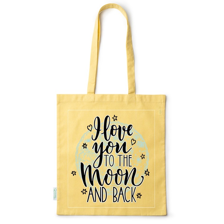 Intelli® Екологична памучна пазарска чанта Sacosa с дълги дръжки, Обичам те, 38×42см, Жълта, Y-BDY241