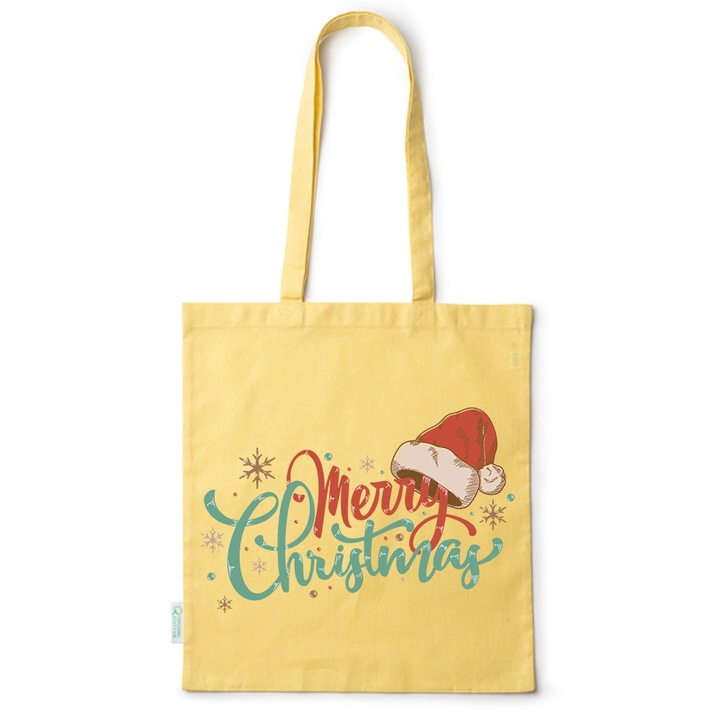 Go For It Shopper fazonú pamut táska mintával, Merry Christmas, 38×42cm, Sárga, Y-BDY284
