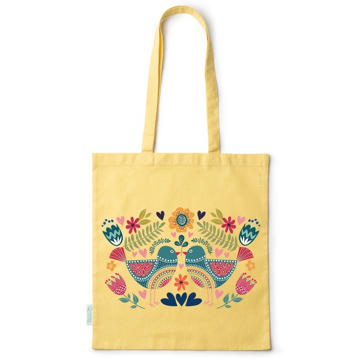 Intelli® Еко памучна пазарска чанта Sacosa с дълги дръжки, Birds in love, 38×42см, Жълт, Y-BDY144