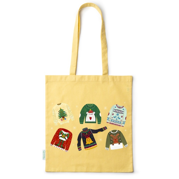 Go For It Shopper fazonú pamut táska mintával, Christmas Sweaters, 38×42cm, Sárga, Y-BDY265