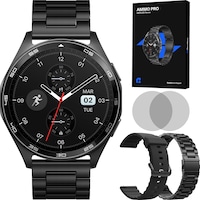 Ceas smartwatch barbati, Qualtec by Koppel®, ecran AMOLED 1.43", rezolutie 466x466, inteligent, fitness, sport, rezistent apa 3ATM, smart, notificari, wireless, apel Bluetooth, microfon HD, limba romana, curea metalica, 2 bratari incluse, AMMO PRO, negru