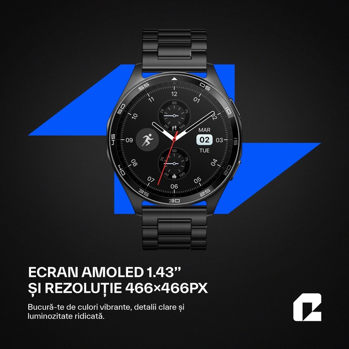 Ceas smartwatch barbati, Qualtec by Koppel®, ecran AMOLED 1.43", rezolutie 466x466, inteligent, fitness, sport, rezistent apa 3ATM, smart, notificari, wireless, apel Bluetooth, microfon HD, limba romana, curea metalica, 2 bratari incluse, AMMO PRO, negru