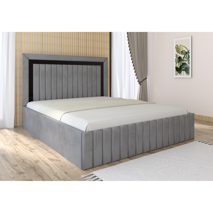 Pat tapitat Matei Gri Stofa cu oglinda Neagra 160x200 fara saltea