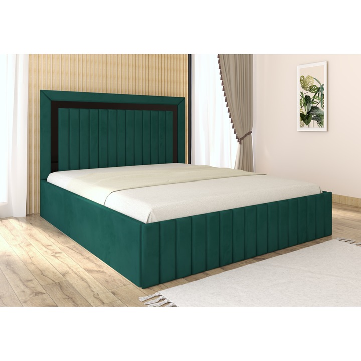 Pat tapitat Matei Verde Stofa cu oglinda Neagra 180x200 cu saltea