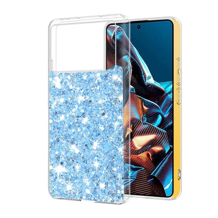 Magas védelmi tok Xiaomi Poco X6 Pro-hoz, Elda Safe, Sparkly Glitter, P72, Kemény műanyag, Kék