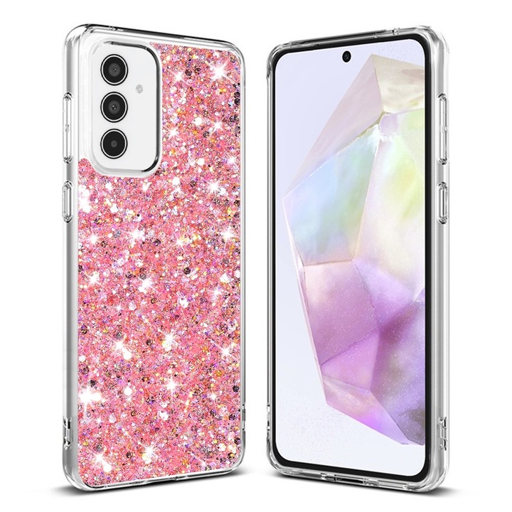 Калъф с висока степен на защита за Samsung Galaxy A35 5G, Tuds Glow, Sparkly Glitter, Y45, твърда пластмаса, мека роза