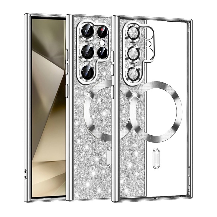 Husa compatibila cu Samsung Galaxy S22 Ultra 5G, RAO Grip, Luxury Glitter MagSafe, V88, Plastic, Metal Gray