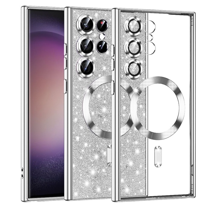 Husa compatibila cu Samsung Galaxy S23 Ultra, RAO Protection, Luxury Glitter MagSafe, W69, Plastic, Metal Gray