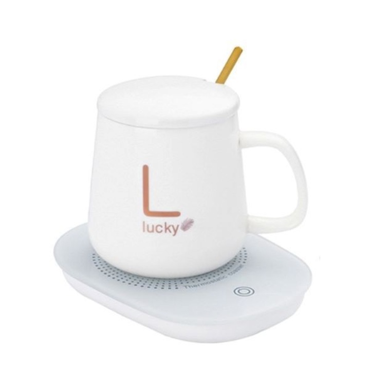 Lucky Intelligens kerámia bögre italok, kávé, tej, tea automatikus melegítéséhez USB töltőállvánnyal, 55°C, fedéllel és kanállal, fehér, 350 ml