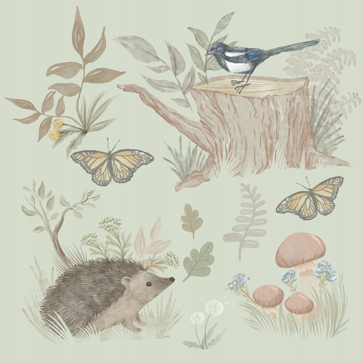 Fototapet, pentru copii, perete, decorare, arici, fluturi si pasari pe fundal bej, 260x390 cm