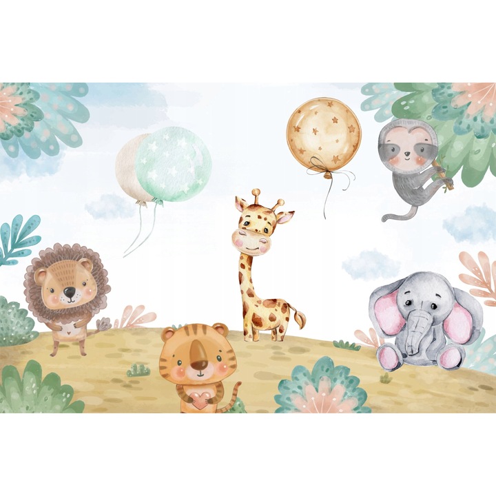 Fototapet, colorata, pentru copii, perete, decorare, animale safari, 260x390 cm