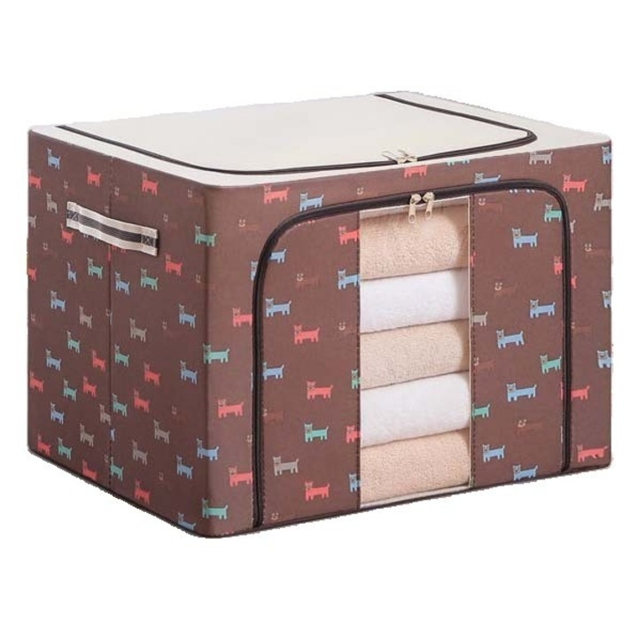 Cutie de Depozitare Pliabila, cu Fermoar, 100 L, Textil, 60x42x40 cm, O Fereastra, Cadru Metalic, Suport Baza Stabil din Plastic, Imprimeu Catelusi, Maro, Avaleea