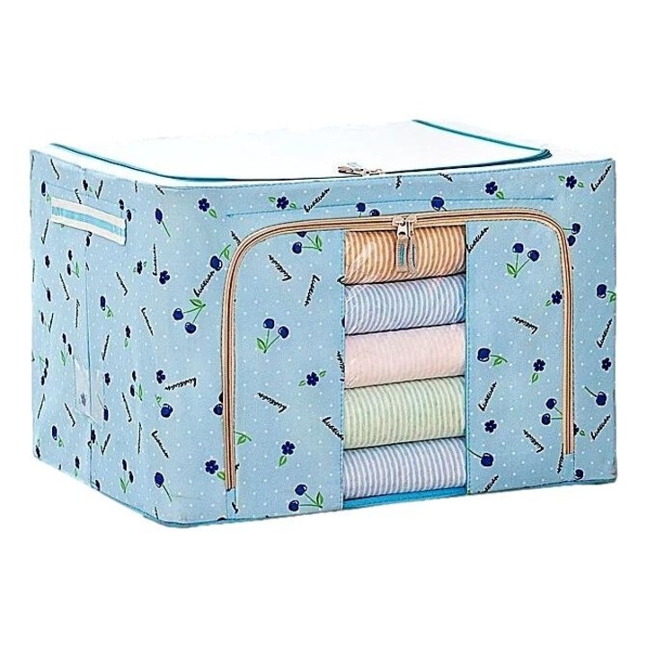 Cutie de Depozitare Pliabila, 100 L, din Tesatura Oxford, 60x42x40 cm, Fereastra Frontala, 2 Usi de Acces cu Fermoar Bidirectional, Cadru Metalic, Suport Baza Stabil din Plastic, Avaleea
