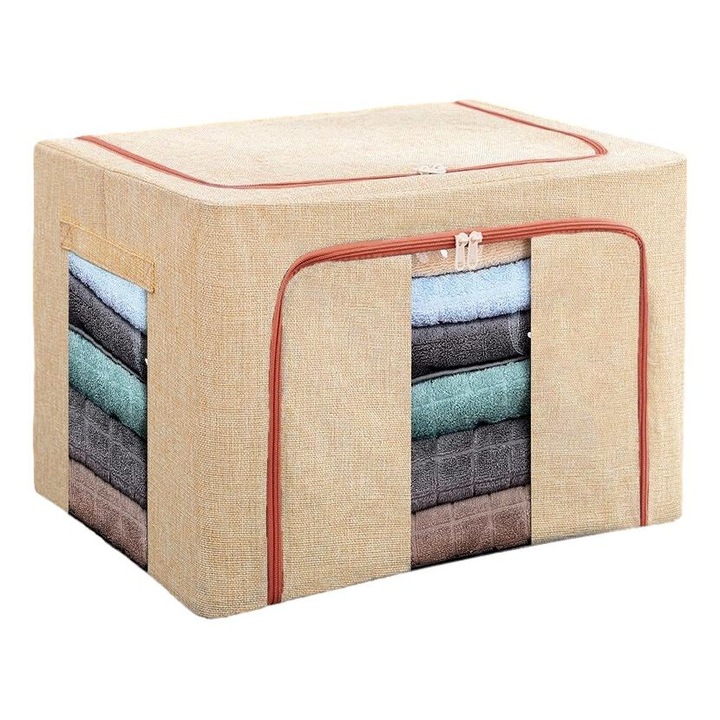 Cutie de Depozitare Pliabila, 24 L, Bumbac si In, 40x30x20 cm, 2 Ferestre, Frontala si Laterala, 2 Usi de Acces cu Fermoar Bidirectional, Cadru Metalic, Suport Baza Stabil din Plastic, Bej, Avaleea