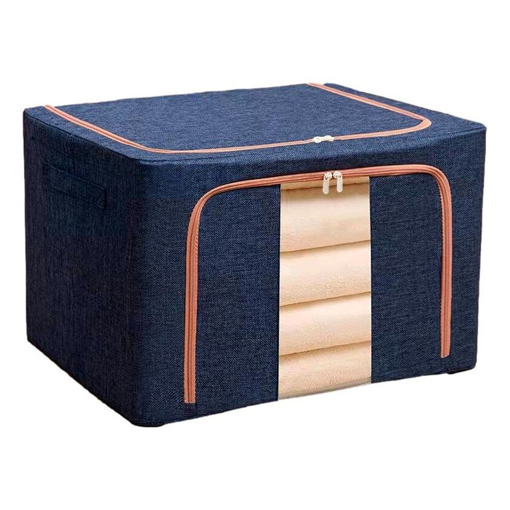 Cutie de Depozitare Pliabila, 24 L, din Bumbac si In, 40x30x20 cm, Fereastra Frontala, 2 Usi de Acces cu Fermoar Bidirectional, Cadru Metalic, Suport Baza Stabil din Plastic, Albastru Marin, Avaleea
