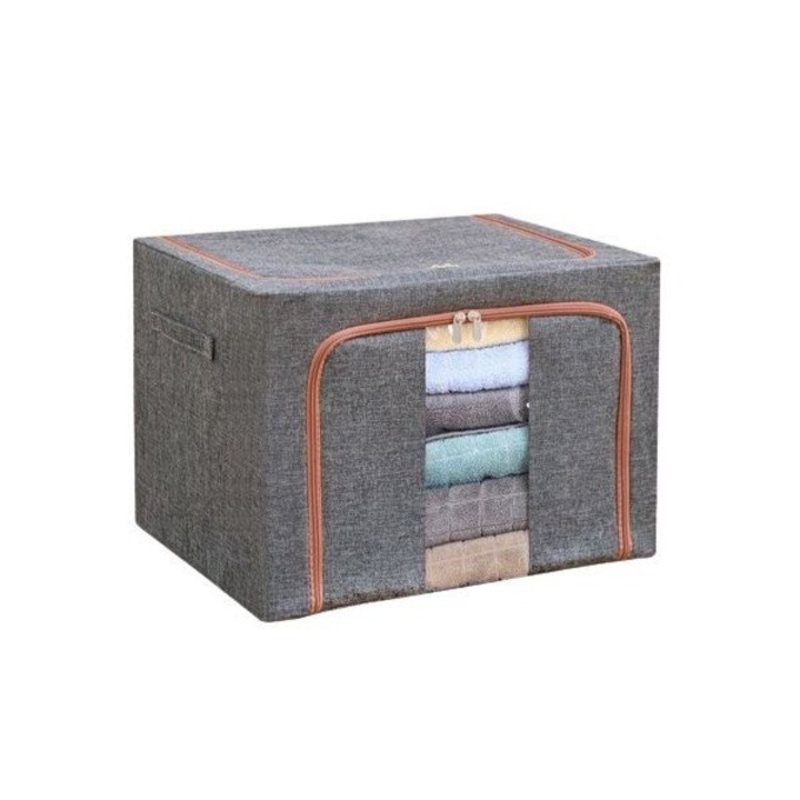 Cutie de Depozitare Pliabila, 24 L, din Bumbac si In, 40x30x20 cm, Fereastra Frontala, 2 Usi de Acces cu Fermoar Bidirectional, Cadru Metalic, Suport Baza Stabil din Plastic, Gri, Avaleea