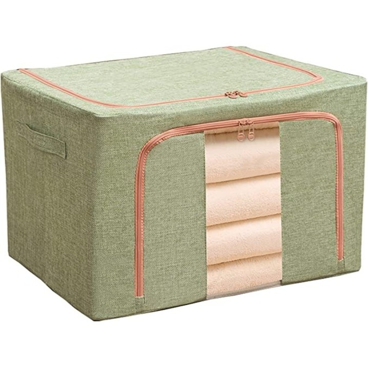 Cutie de Depozitare Pliabila, 24 L, din Bumbac si In, 40x30x20 cm, Fereastra Frontala, 2 Usi de Acces cu Fermoar Bidirectional, Cadru Metalic, Suport Baza Stabil din Plastic, Verde, Avaleea