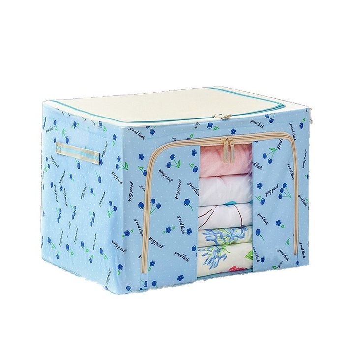 Cutie de Depozitare Pliabila, 24 L, Panza Oxford, 40x30x20 cm, 2 Usi de Acces cu Fermoar Bidirectional, Cadru Metalic, Suport Baza Stabil din Plastic, Imprimeu cirese, Albastru, Avaleea