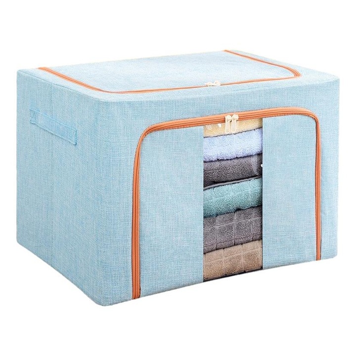 Cutie de Depozitare Pliabila, 24 L, Bumbac si In, 40x30x20 cm, Fereastra Frontala, 2 Usi de Acces cu Fermoar Bidirectional, Cadru Metalic, Suport Baza Stabil din Plastic, Bleu, Avaleea