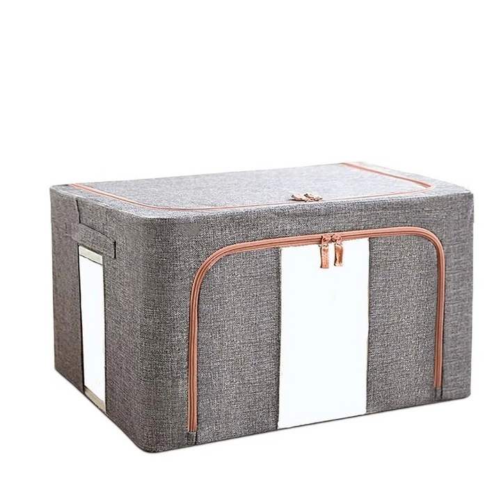 Cutie de Depozitare Pliabila, 24 L, Bumbac si In, 40x30x20 cm, 2 Ferestre, Frontala si Laterala, 2 Usi de Acces cu Fermoar Bidirectional, Cadru Metalic, Suport Baza Stabil din Plastic, Gri, Avaleea