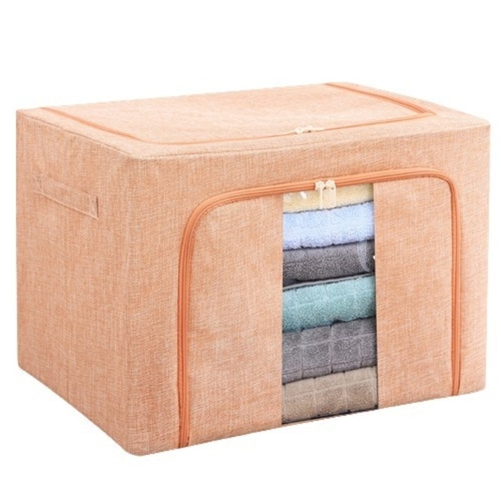 Cutie de depozitare pliabila, Cu fermoar, 66 L, Textil, 50x40x33 cm, Cadru Metalic, Suport Baza Stabil din Plastic, Roz pudrat, Avaleea