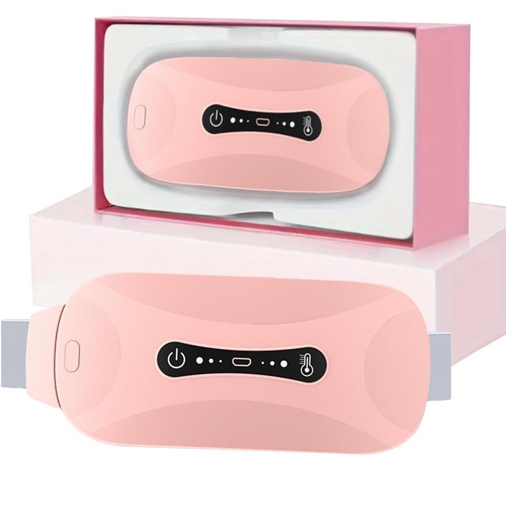 Centura abdominala pentru masaj cu incalzire si vibratii, 3 trepte incalzire si 3 vibromasaj, anti dureri menstruale, ciclu, lombare, portabila, roz
