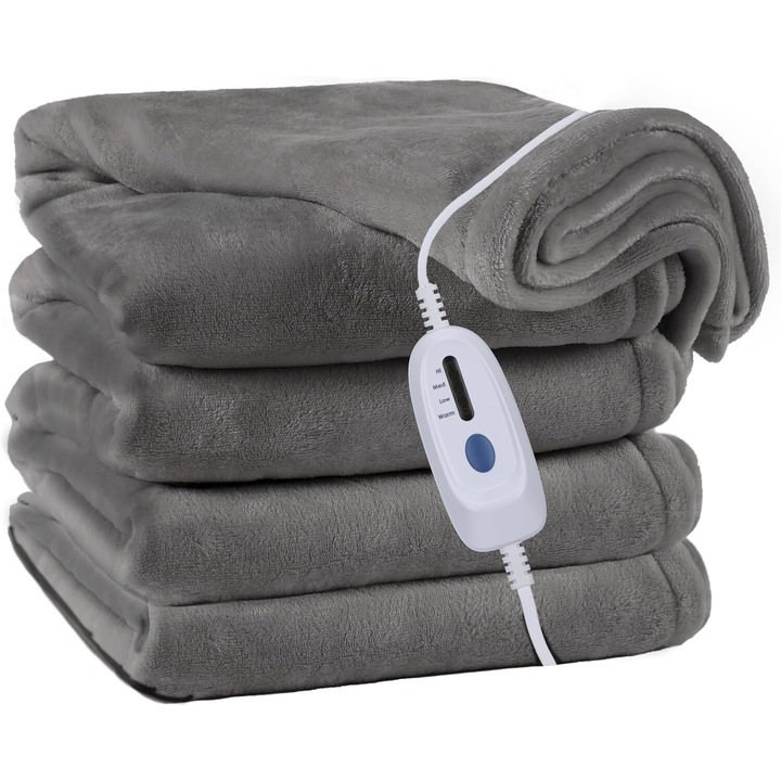 Elektromos takaró, OCTORO, 180 x 130 cm, automatikus kikapcsolással, 4 hőmérséklet fokozattal és 10 órás időzítővel, gyors fűtés, Szürke