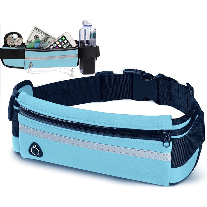 Centura pentru alergare si sport tip borseta, cu 2 buzunare, suport sticla si orificiu casti, reflectorizanta, impermeabila, ajustabila, Borseta de talie pentru alergare, material impermeabil, confortabila, albastru