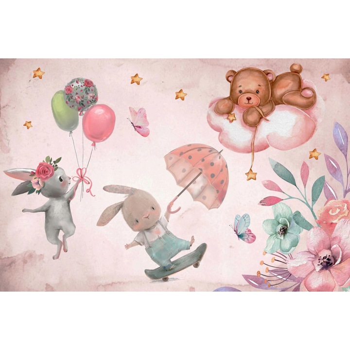 Fototapet, pastel, pentru camera fetei, perete, decorare, animale fericite roz, 260x390 cm