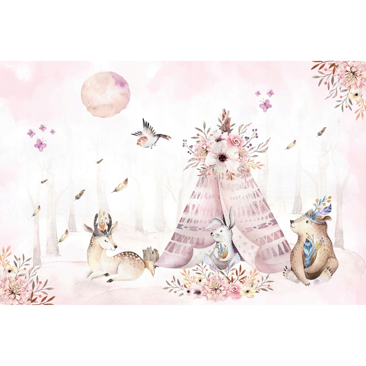 Fototapet, modern, pentru copii, perete, decorare, animale boho roz, 197x296 cm