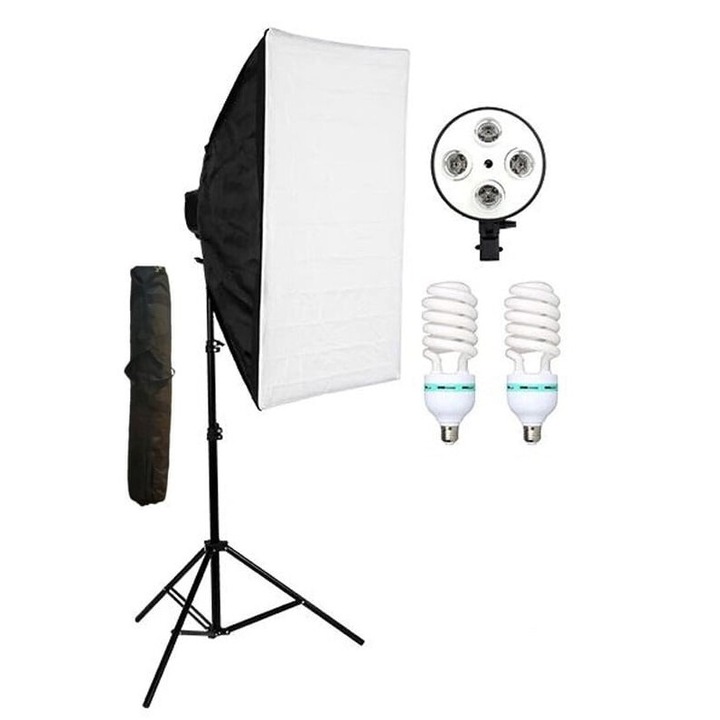 Kit studio foto, softbox, 2 x bec 150W, soclu de 4 becuri, trepied reglabil 200 cm, geanta de transport inclusa, Dactylion®
