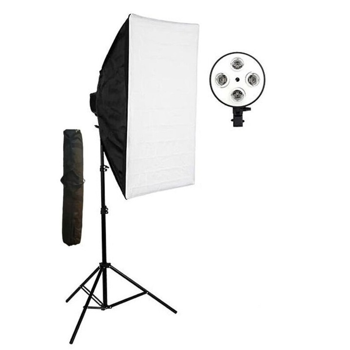 Softbox cu soclu de 4 becuri, trepied reglabil 200 cm, fara becuri, geanta de transport inclusa, Dactylion®