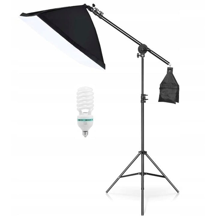 Softbox cu macara ajustabila, trepied reglabil 200 cm, bec foto 85W, Dactylion®
