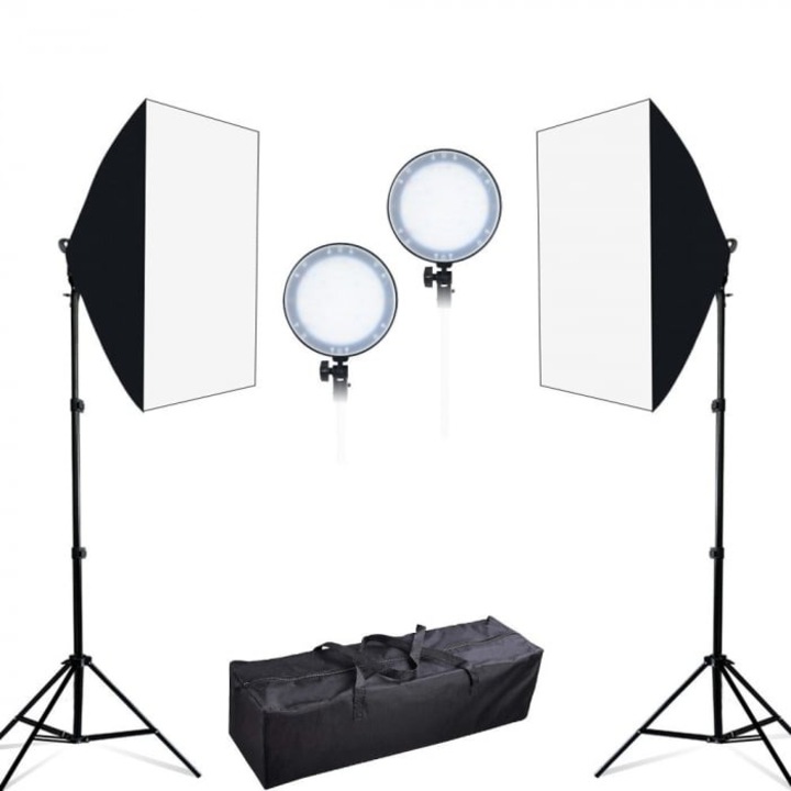Kit de 2 softboxuri, cu 2 trepiezi reglabili 200 cm, 2 panouri LED Bi color, de 45W, temperatura culorii reglabila, geanta de transport inclusa, Dactylion®