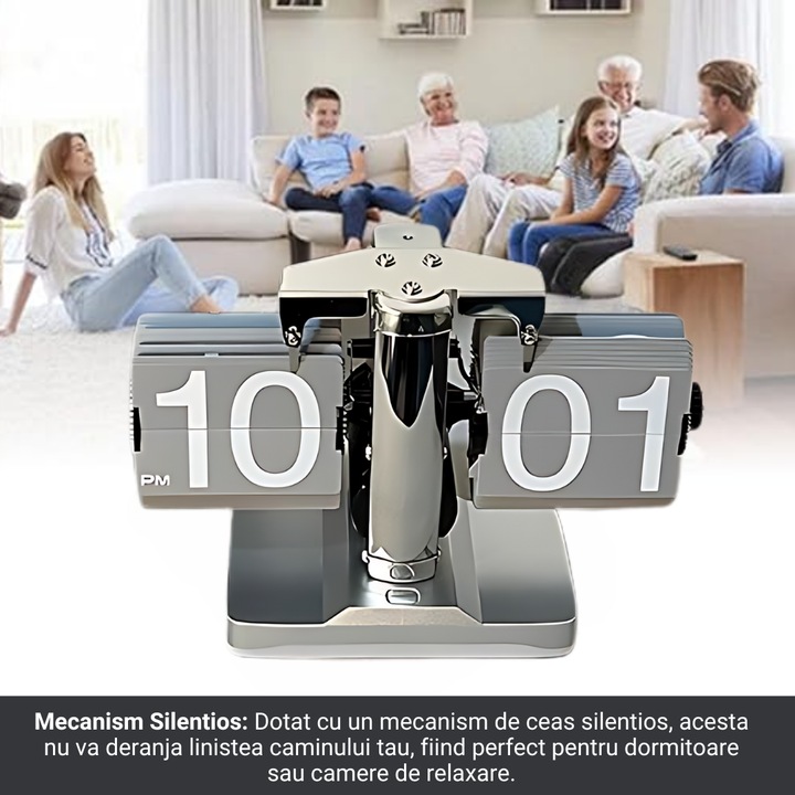 Ceas Retro De Birou, Dimensiune Potrivita, Mecanism Quartz, Silentios, Simplu, Estetic, 12 Ore AM/PM, Afisaj Mare, Cadru Din Otel Inoxidabil, Carduri Din ABS, Baza iluminata LED, Reglare Ora, Argintiu