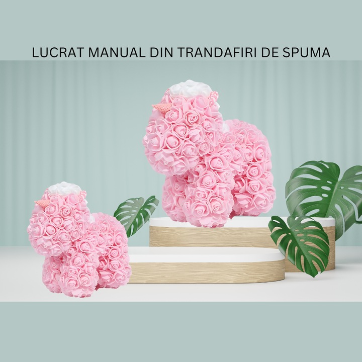Unicorn roz din trandafiri de spuma, decorat cu finete si lucrat manual si cu mult rafinament de la JOZY®, dimensiune 25 cm