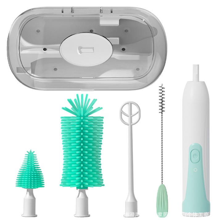 Kit de curatare sticle, 6 in 1, cu functie de sterilizare, perie electrica reincarcabila, multifunctionala, din silicon, perie pentru tetine, perie pentru curtare paie, capat pentru spuma de lapte, organizator de calatorie cu suport de uscare, verde