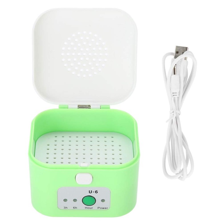 Uscator pentru aparate auditive, ABS, functie sterilizare, cutie USB, 0-40 grade, verde/alb